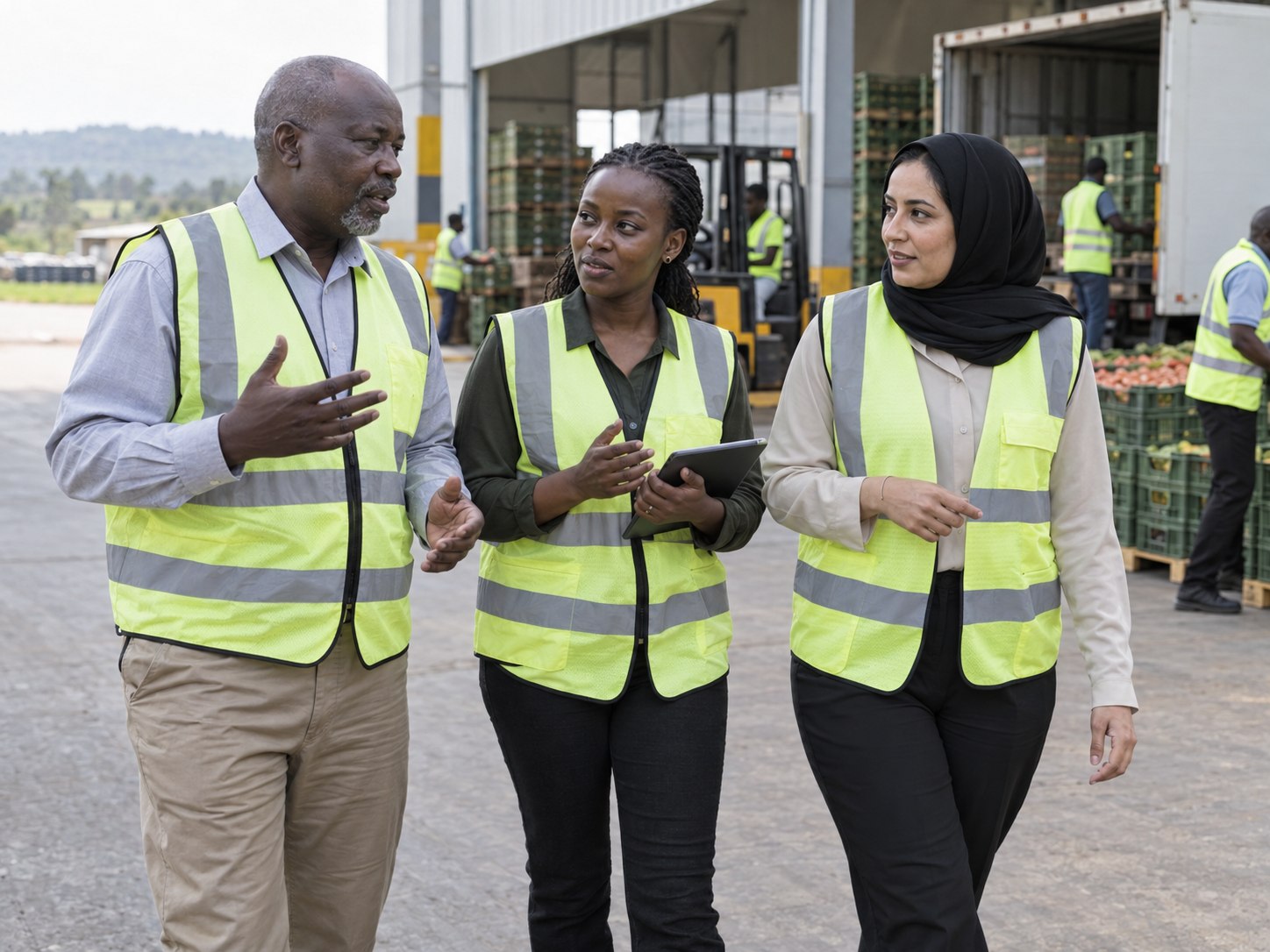 Business team visiting a produce distribution facility in Rwanda