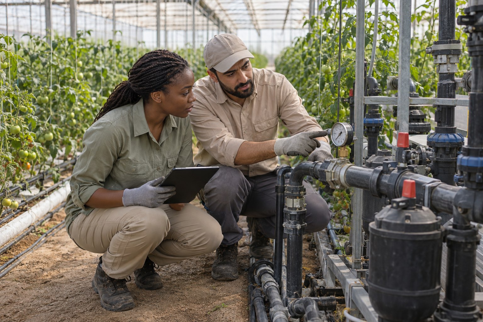 Agronomists checking a greenhouse irrigation manifold