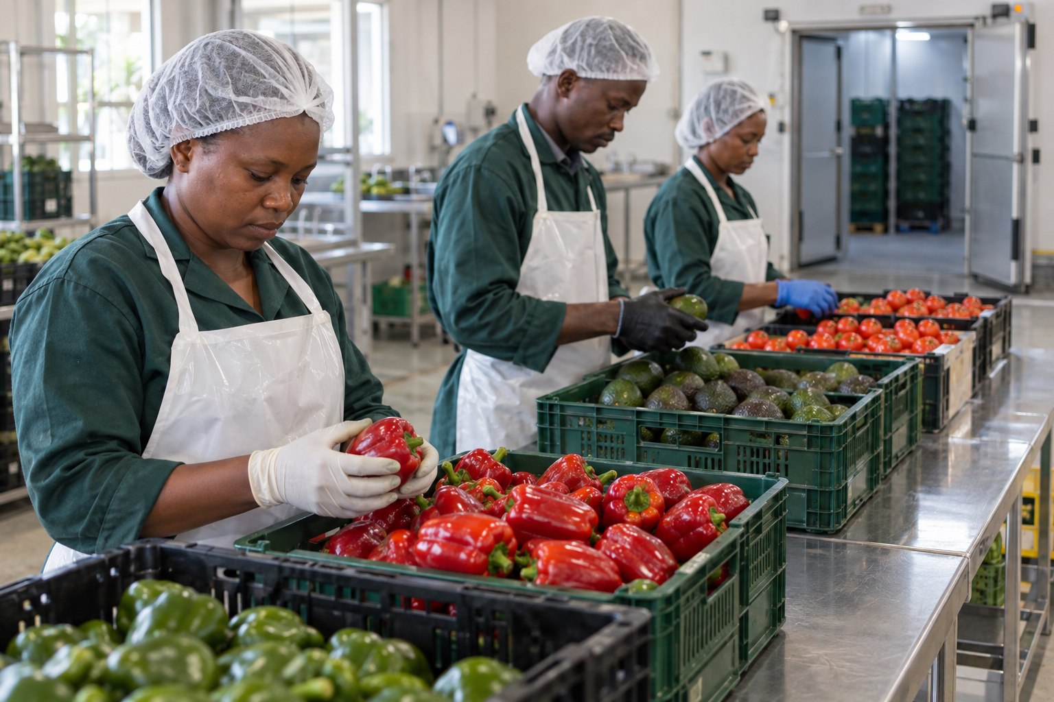 Workers grading fresh produce in a clean packing facility