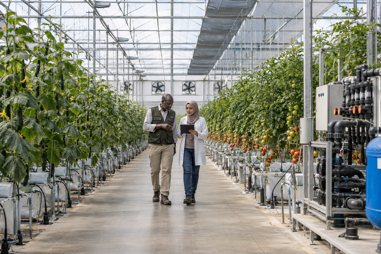 Agricultural engineers inspecting a commercial greenhouse system