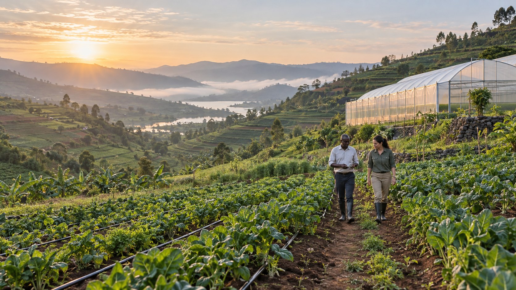 Agronomists walking through irrigated fields beside a greenhouse in Rwanda