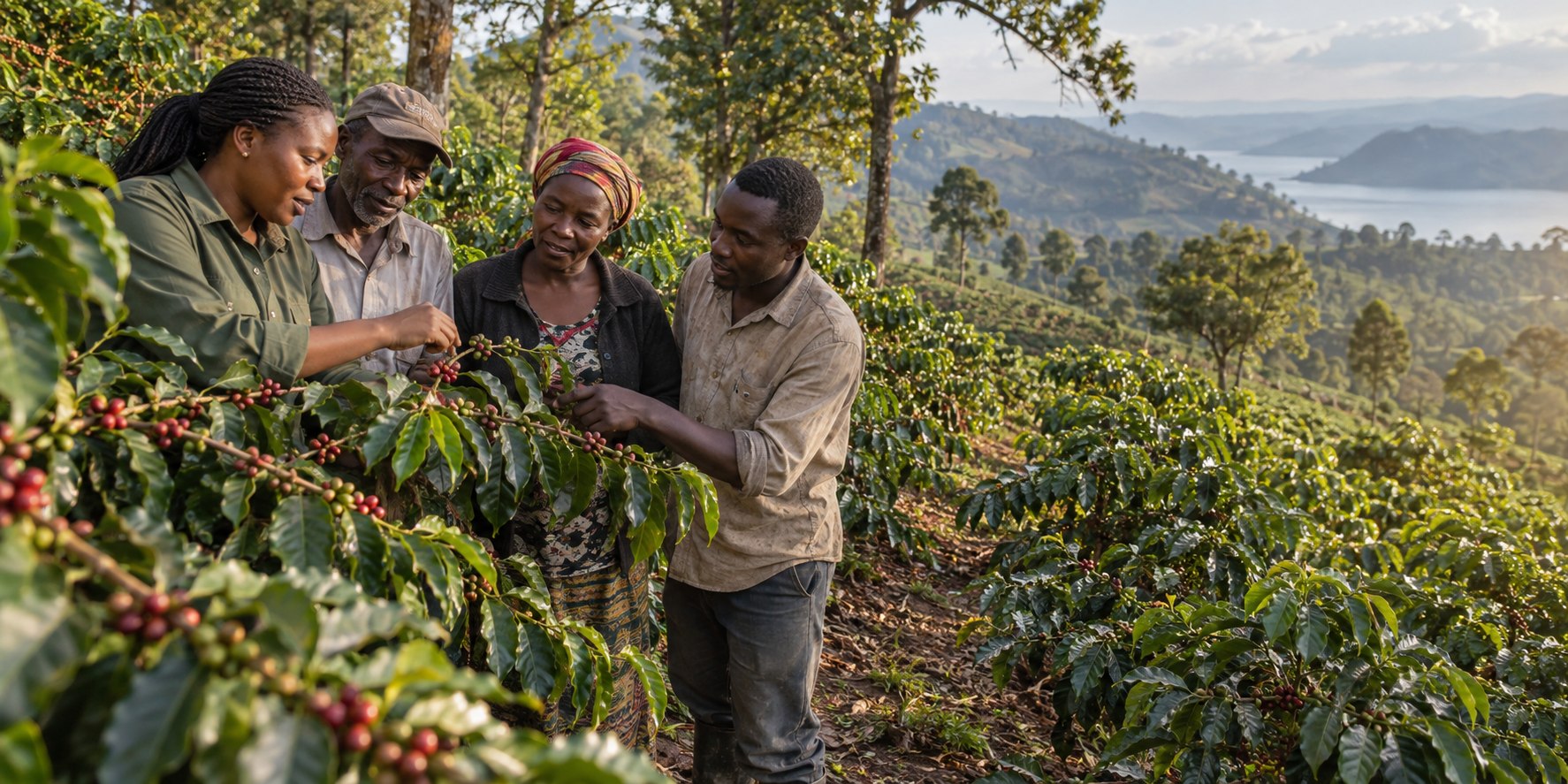 Rwandan coffee farmers examining ripe cherries together