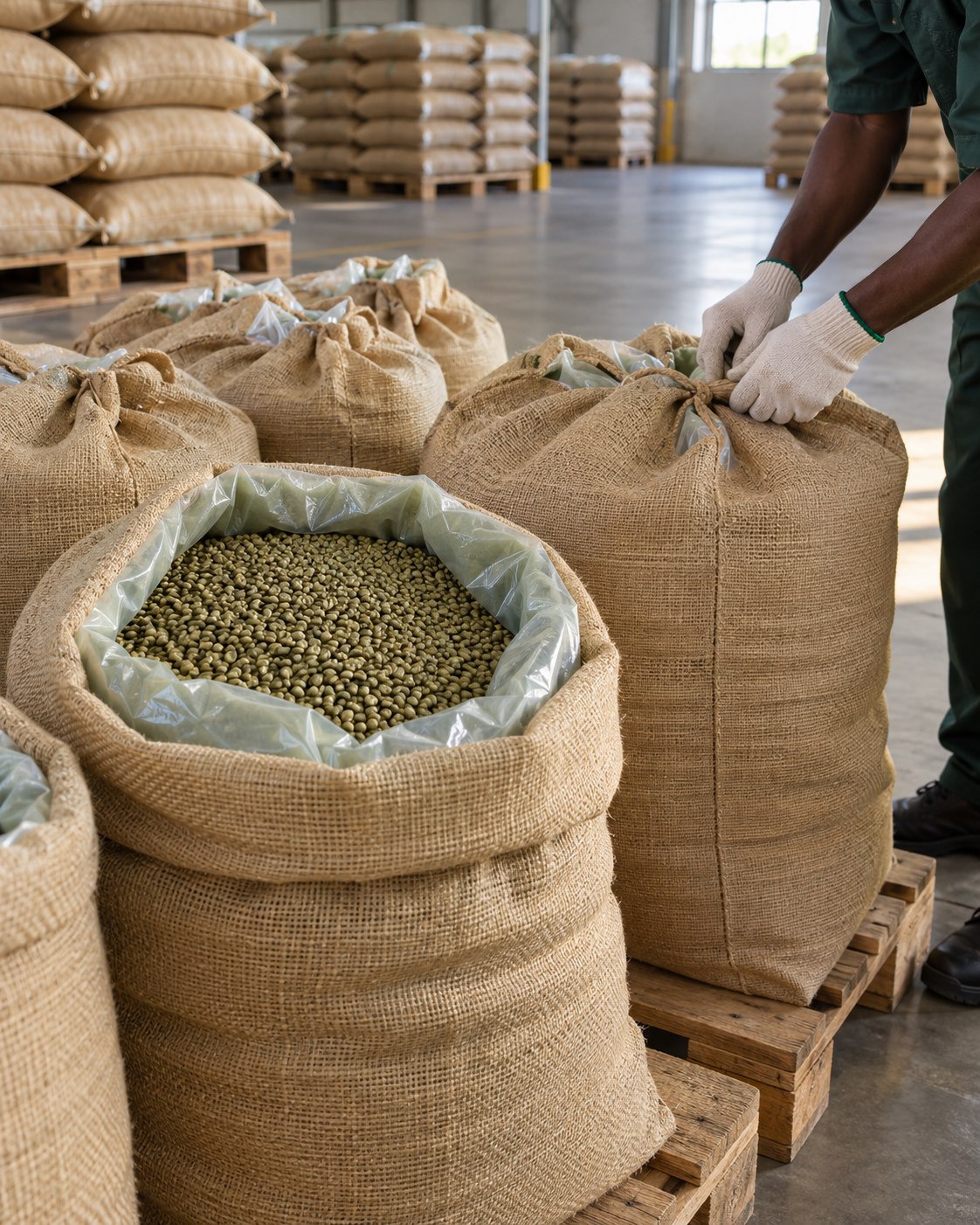 Green coffee packed in lined jute bags on warehouse pallets