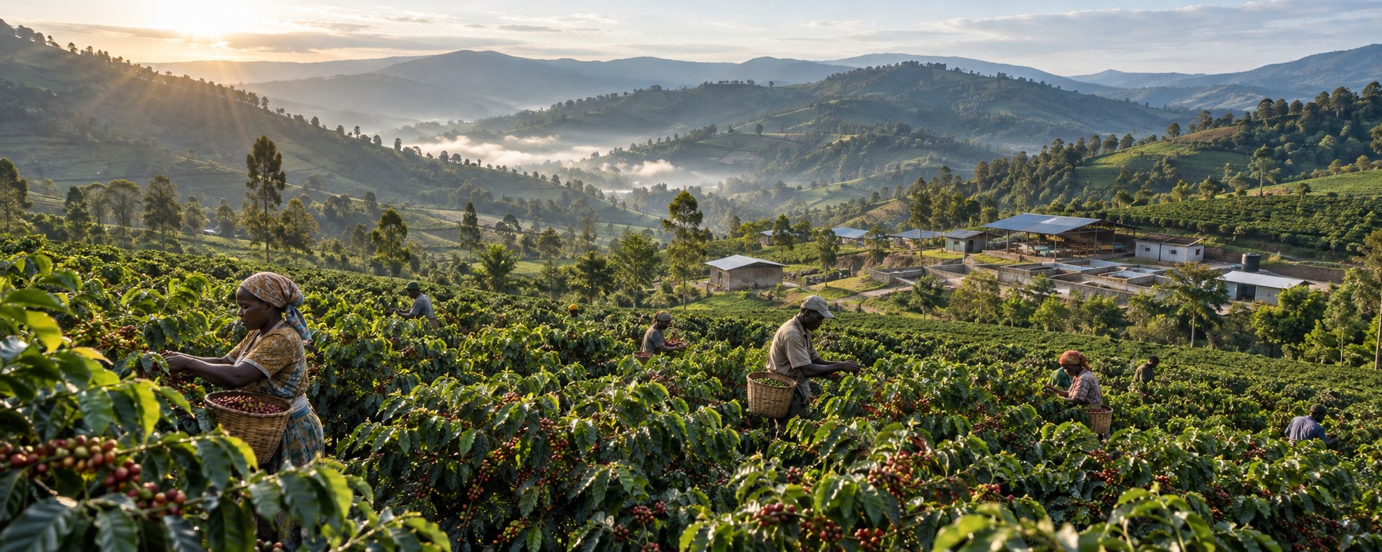 Coffee farmers harvesting ripe cherries on a Rwandan highland farm