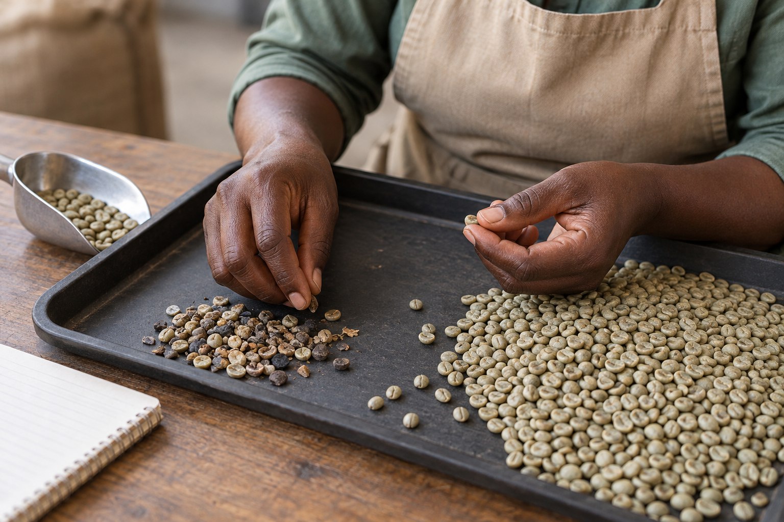 Hands sorting export-grade green coffee beans