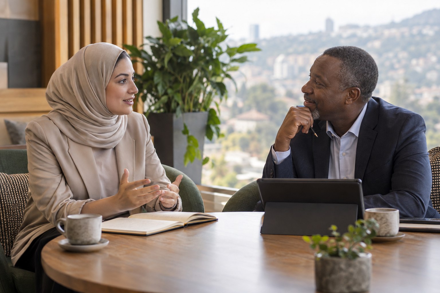 Entrepreneur discussing business plans with a Rwanda-based advisor