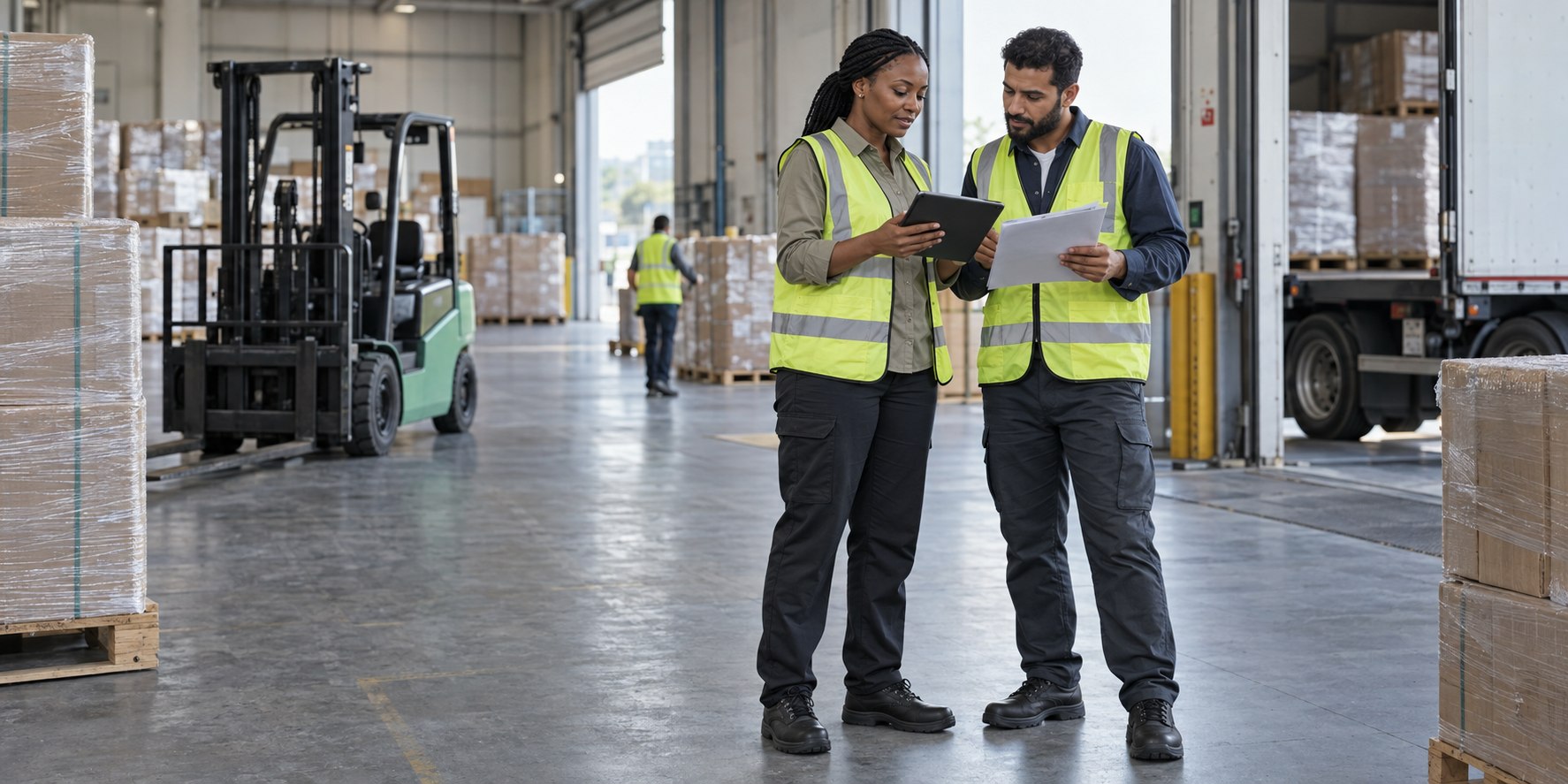 Logistics specialists coordinating an export shipment in a warehouse