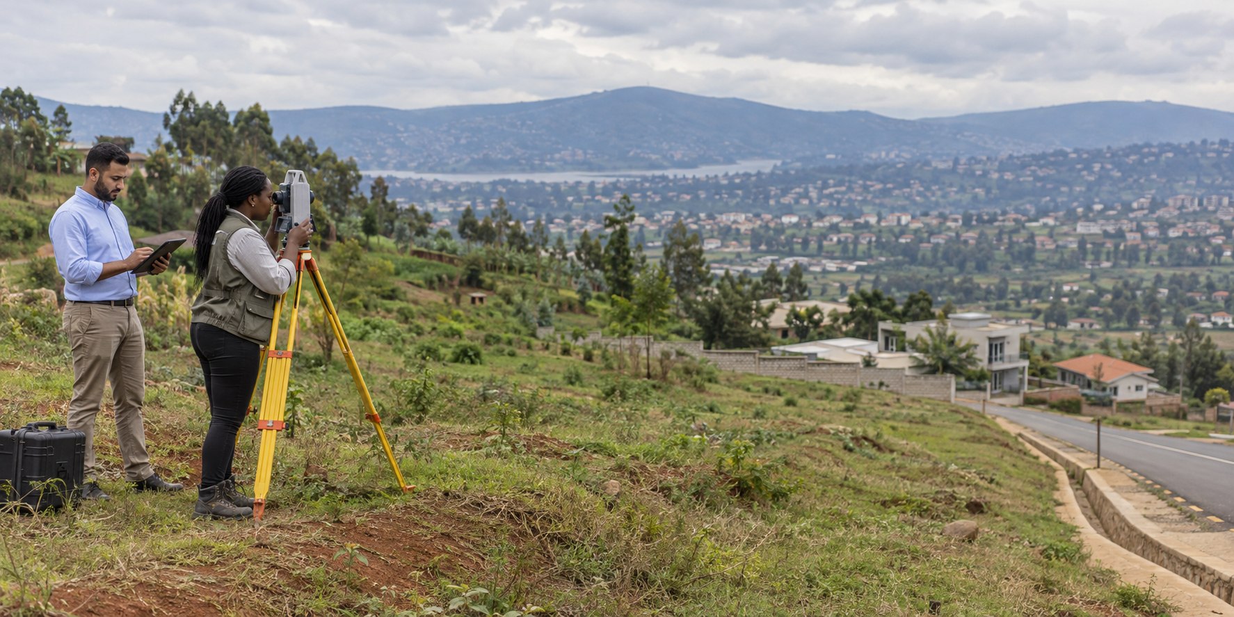 Surveyor evaluating a development site in Rwanda