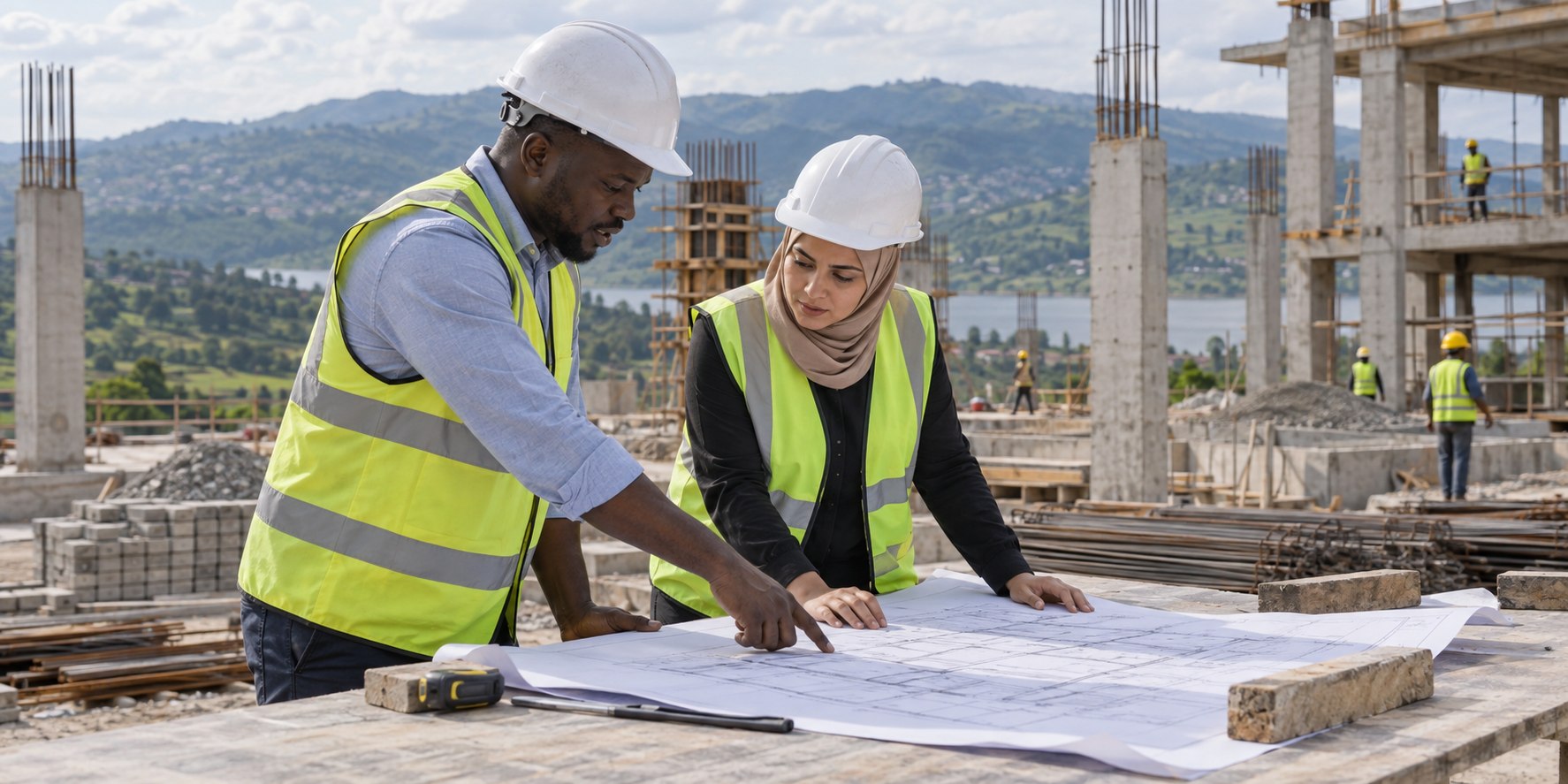 Engineers reviewing plans at a construction site in Rwanda