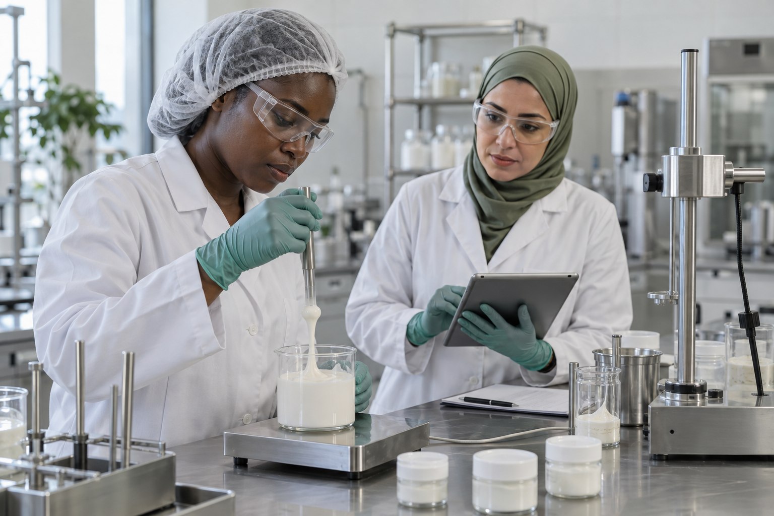 Scientists checking a personal-care formulation in a laboratory